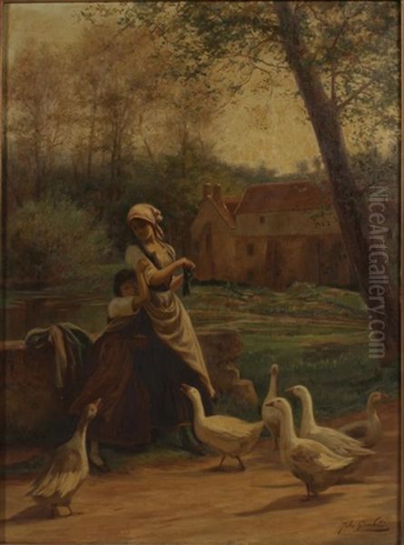 Geese And Girls Oil Painting by Jules Girardet