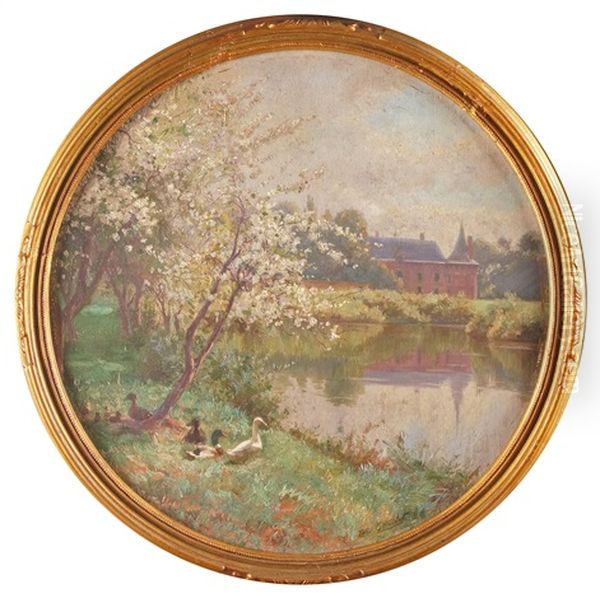 Le Parc Du Chateau & Le Cygne Ses Petits A L'automne (2 Works) Oil Painting by Jules Girardet