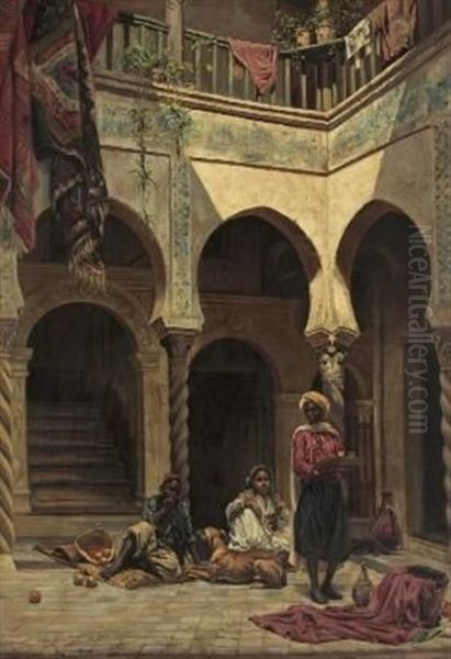 Moorish Courtyard Oil Painting by Jules Girardet