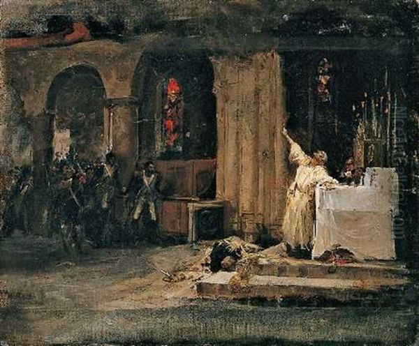 Szene Aus Der Franzosischen Revolution - In Eine Kirche Eindringende Sansculotten Werden Von Einem Priester Aufgehalten Oil Painting by Jules Girardet