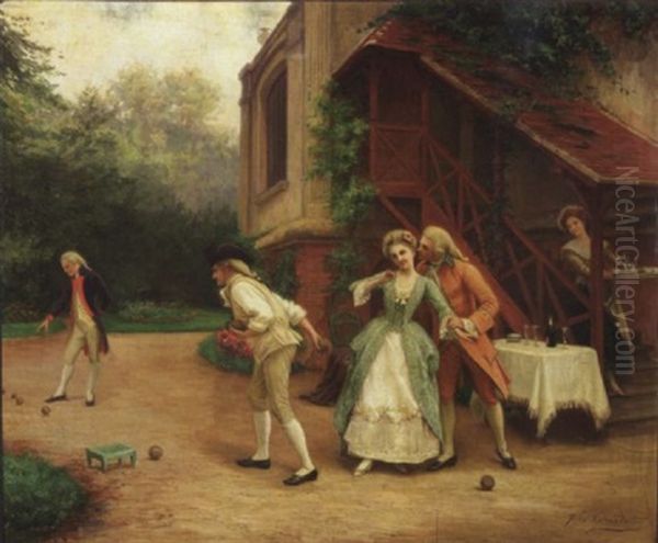 La Partie De Boules Devant L'auberge Oil Painting by Jules Girardet