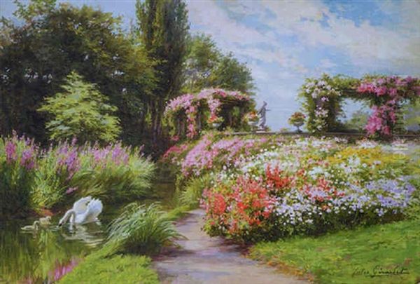 Cygnes Et Jardin Fleuri Oil Painting by Jules Girardet