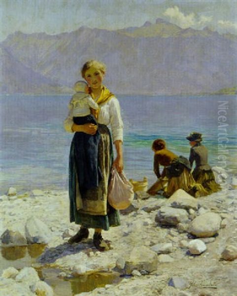 Jeune Mere Avec Son Enfant Au Bord Du Lac Leman Oil Painting by Jules Girardet