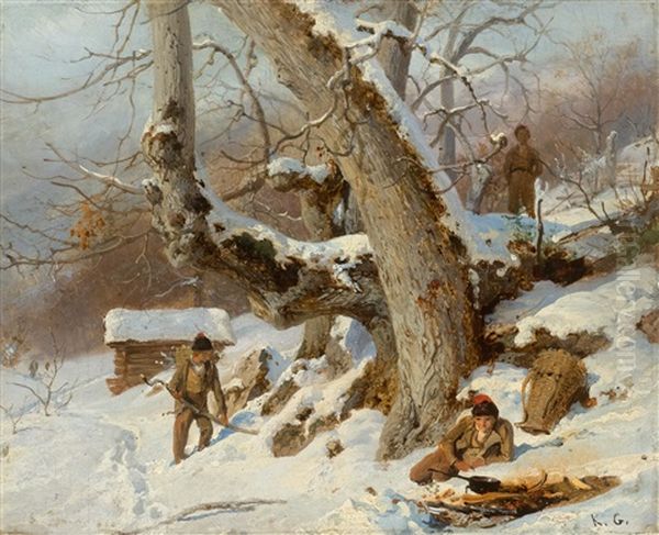 Winter Landscape With A Boy By A Fire Oil Painting by Karl Girardet