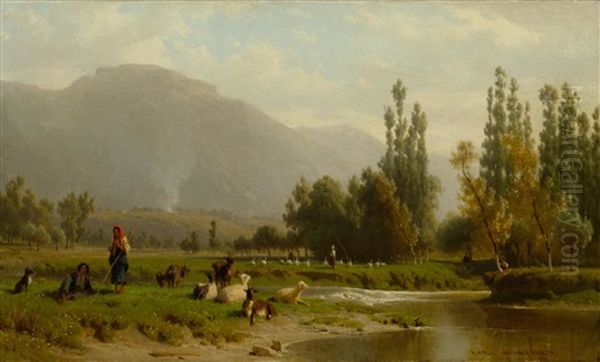 Paysage Avec Troupeau Au Bord D'une Riviere Oil Painting by Karl Girardet