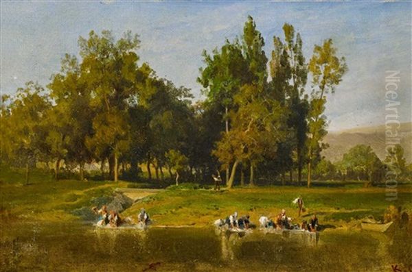 Les Lavandieres A La Riviere Oil Painting by Karl Girardet