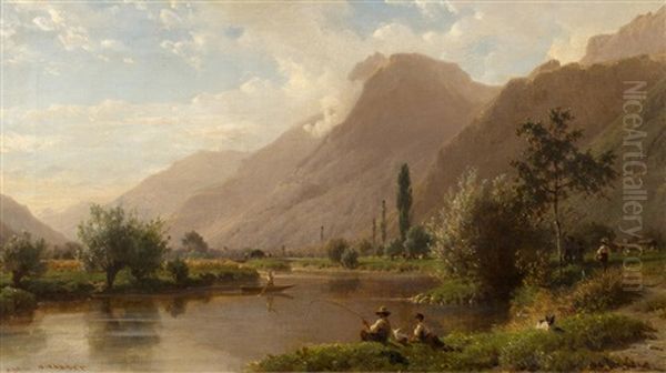 Flusslandschaft Mit Fischern Oil Painting by Karl Girardet