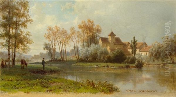 A River Landscape With A Manor Oil Painting by Karl Girardet