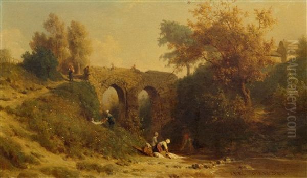 Washerwomen At A River Oil Painting by Karl Girardet