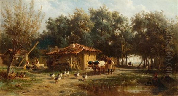 At A Farm Oil Painting by Karl Girardet