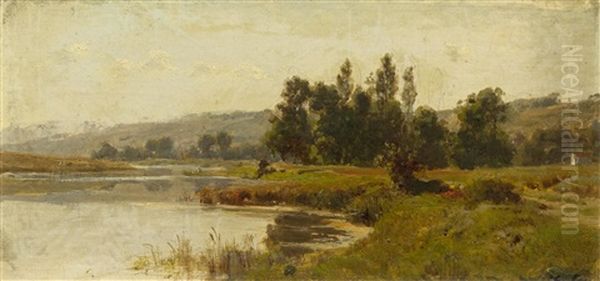 A River Landscape In France Near Crouttes-sur-marne (aisne) Oil Painting by Karl Girardet