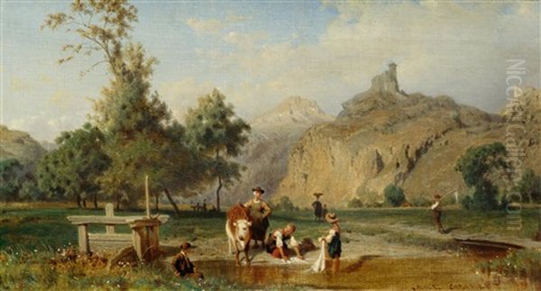 Shepherds And Laundresses At A River Oil Painting by Karl Girardet