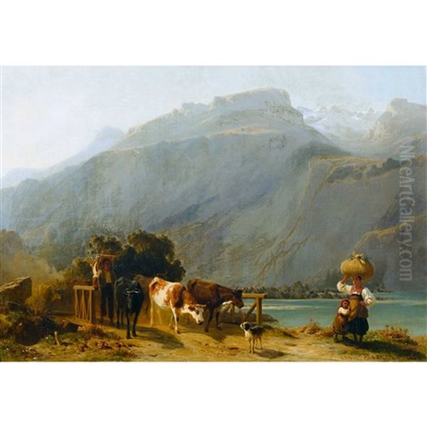 Bauernfamilie Am Brienzersee Mit Kuhherde by Karl Girardet