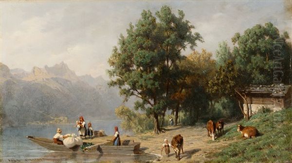 Seeufer Mit Kuhen Und Bauernfamilie Beim Beladen Eines Bootes Oil Painting by Karl Girardet