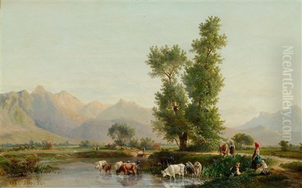 Landscape Near Interlaken With Cows Drinking And Sheep Oil Painting by Karl Girardet