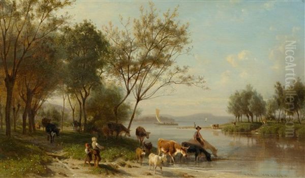 Lake Brienz With Animals Drinking Oil Painting by Karl Girardet