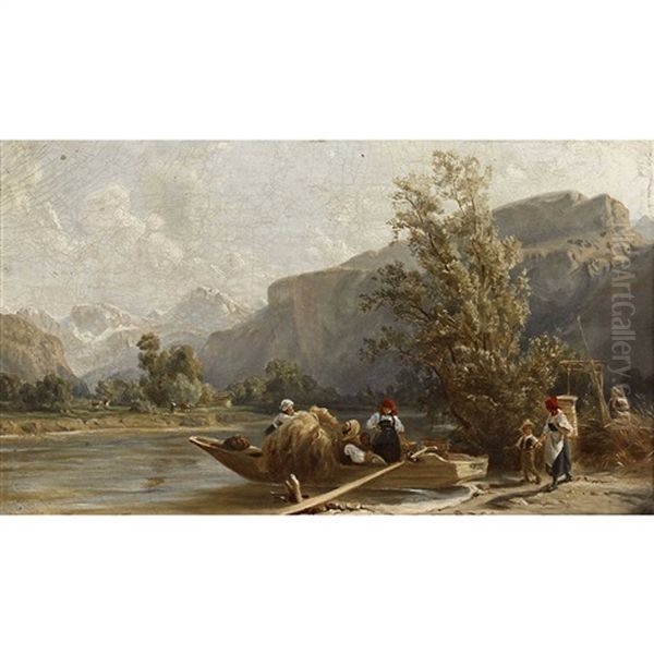 Sommerliche Landschaft Mit Bauerinnen Und Kahn Am Ufer by Karl Girardet