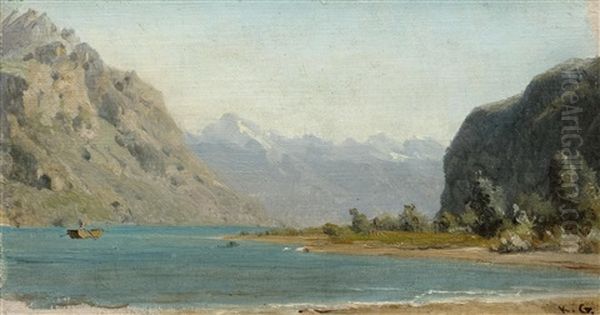 Mountain Lake With Boat Oil Painting by Karl Girardet