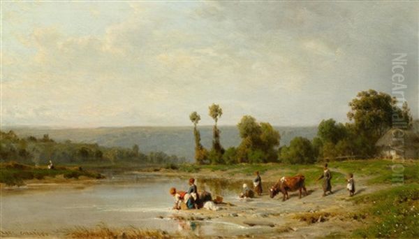 Washerwomen By The Marne Oil Painting by Karl Girardet