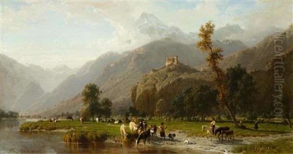 Mountain Landscape Of Ticino With Herdsmen By A River Oil Painting by Karl Girardet