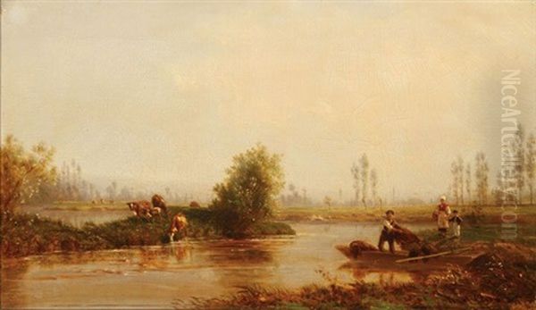 Bucolic Summer Landscape With Figures Along River Oil Painting by Karl Girardet