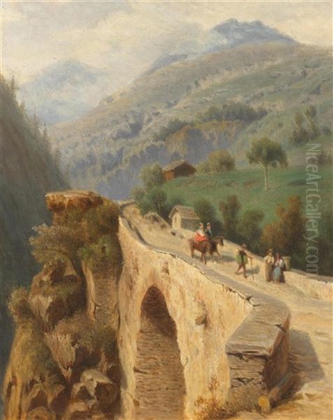 Die Kinnbrucke Bei Stalden Im Vispertal Mitte 19. Jh. Oil Painting by Karl Girardet