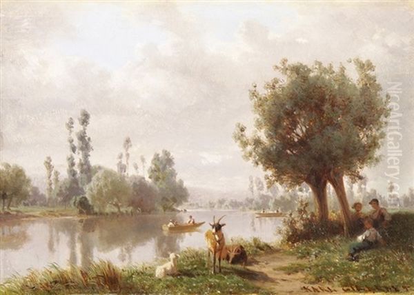 Ausblick Auf Einen See Mit Kindern, Ziegen Und Schafen Am Ufer Oil Painting by Karl Girardet