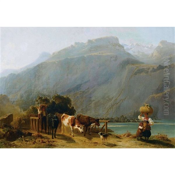 Bauernfamilie Mit Kuhherde Am Brienzersee Oil Painting by Karl Girardet