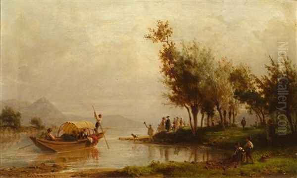 Landschaft Mit Einem Schiff Und Figuren An Einem See Oil Painting by Karl Girardet