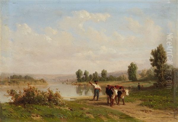 River Landscape With Shepherds And Cows Oil Painting by Karl Girardet