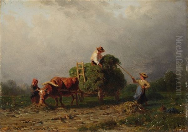 Hay Harvest Beneath A Gathering Storm Oil Painting by Karl Girardet