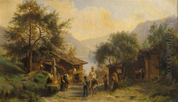 Scene De Village Animee Oil Painting by Karl Girardet