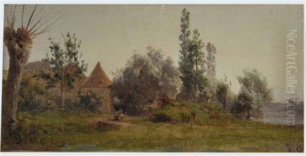 Maison Sous Les Arbres Dans La Campagne Aupres D'un Plan D'eau Oil Painting by Karl Girardet