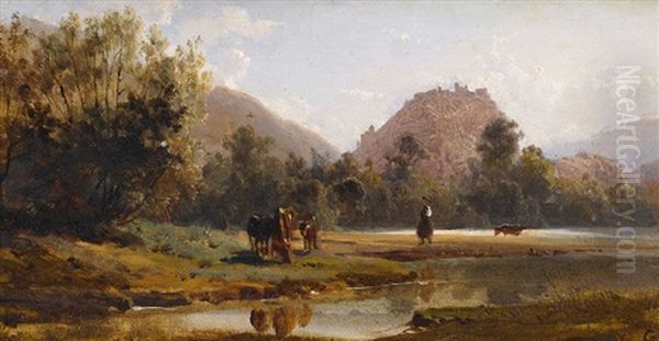 Landschaft Bei Sitten Mit Blick Auf Den Hugel Der Valeria Oil Painting by Karl Girardet