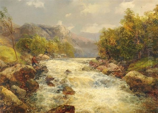 Voralpine Landschaft Mit Wildbach Und Fischer Oil Painting by Karl Girardet