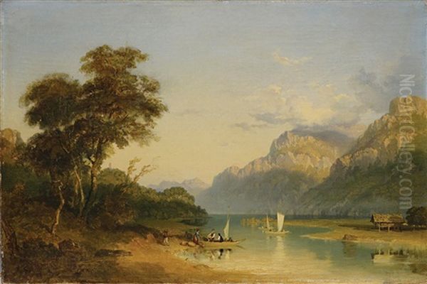 Blick Vom Bodeli Bei Interlaken Gegen Den Brienzersee Und Burg Goldswil Oil Painting by Karl Girardet