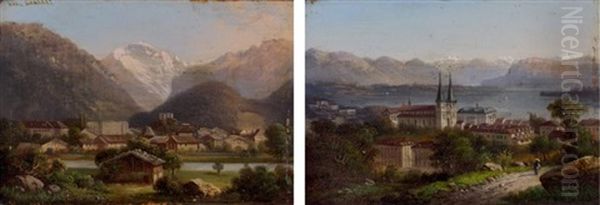 Village De La Region D'interlaken Et Vue D'une Ville En Bord De Lac Deux (2 Works) Oil Painting by Karl Girardet