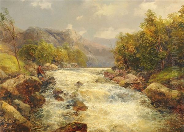 Voralpine Landschaft Mit Wildbach Und Fischer Oil Painting by Karl Girardet