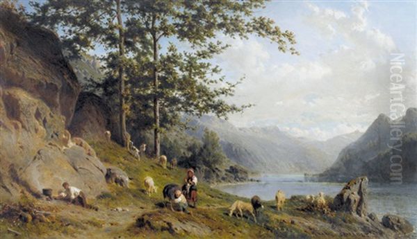 Ziegenhirten Am Flussufer Oil Painting by Karl Girardet