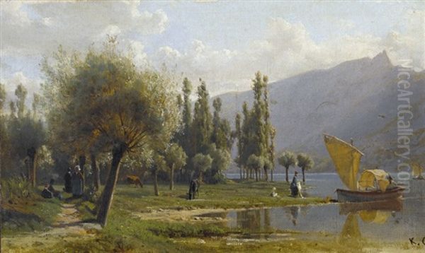 Belebte Sommerliche Seeuferpartie Oil Painting by Karl Girardet