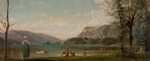 Seelandschaft Mit Wascherinnen Oil Painting by Karl Girardet