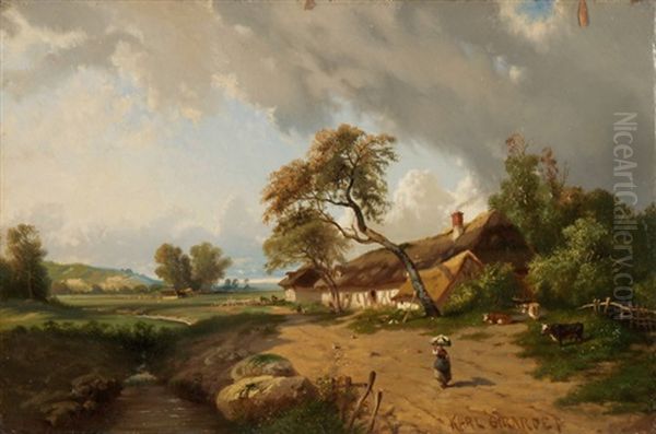 Gehoft Mit Kuhen Und Frau Ein Bundel Auf Dem Kopf Tragend Oil Painting by Karl Girardet