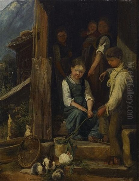 Kinder Beim Futtern Von Hasen (study) Oil Painting by Karl Girardet