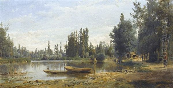 Sommerliche Flusslandschaft Mit Barken Und Einer Dame Oil Painting by Karl Girardet