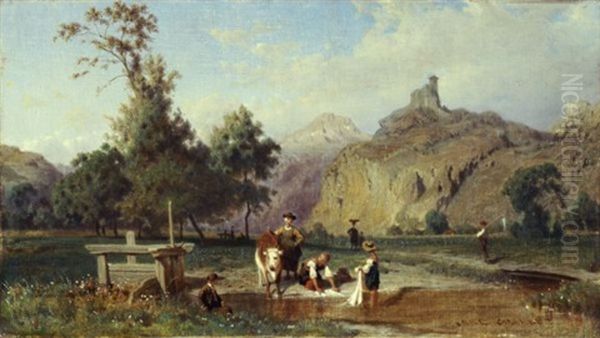 Lavandieres Au Bord D'une Riviere (washer Women On A Riverside) Oil Painting by Karl Girardet