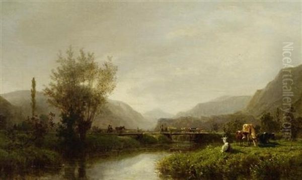 Flusslandschaft Mit Kuhen Und Ziegen by Karl Girardet