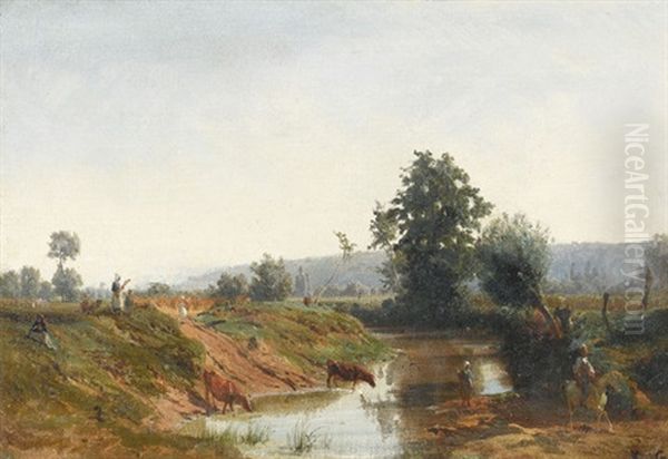 Sommerliche Landschaft Mit Furt Oil Painting by Karl Girardet