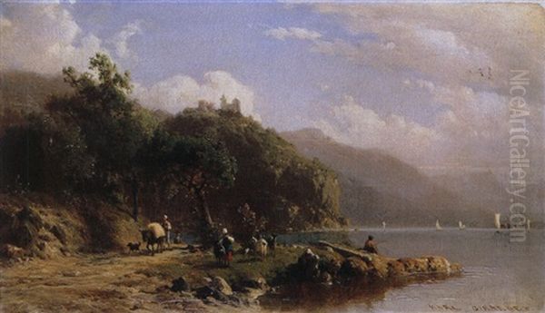 Hirten Und Angler Am See Oil Painting by Karl Girardet