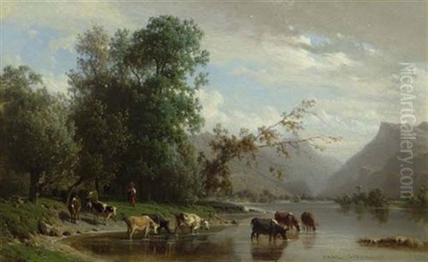 Kuhe Am Brienzersee Oil Painting by Karl Girardet