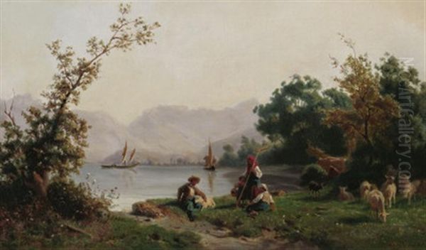 Schafhirten Vor Der Kulisse Eines Schweizerischen Gebirgssees Oil Painting by Karl Girardet